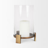 Price Large Antiqued Gold Metal w/ Glass Hurricane Candle Holder by Mercana at Eve Furniture