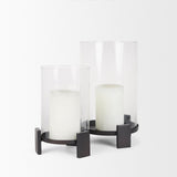 Price Large Matte Black-Brown Metal w/ Glass Hurricane Candle Holder by Mercana at Eve Furniture