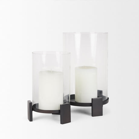 Price Large Matte Black-Brown Metal w/ Glass Hurricane Candle Holder by Mercana at Eve Furniture
