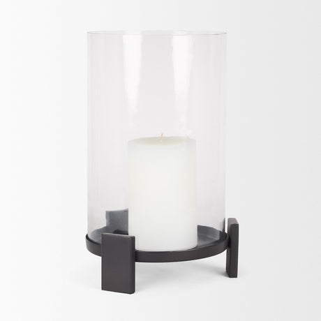 Price Large Matte Black-Brown Metal w/ Glass Hurricane Candle Holder by Mercana at Eve Furniture