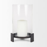 Price Large Matte Black-Brown Metal w/ Glass Hurricane Candle Holder by Mercana at Eve Furniture