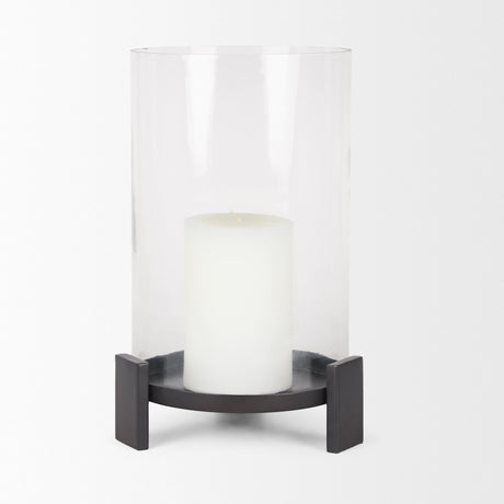 Price Large Matte Black-Brown Metal w/ Glass Hurricane Candle Holder by Mercana at Eve Furniture
