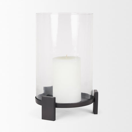 Price Large Matte Black-Brown Metal w/ Glass Hurricane Candle Holder by Mercana at Eve Furniture
