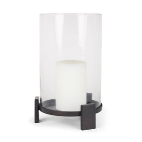 Price Large Matte Black-Brown Metal w/ Glass Hurricane Candle Holder by Mercana at Eve Furniture