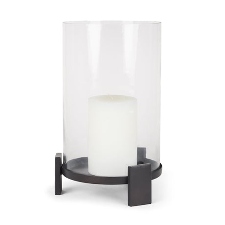 Price Large Matte Black-Brown Metal w/ Glass Hurricane Candle Holder by Mercana at Eve Furniture