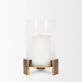 Price Small Antiqued Gold Metal w/ Glass Hurricane Candle Holder by Mercana at Eve Furniture