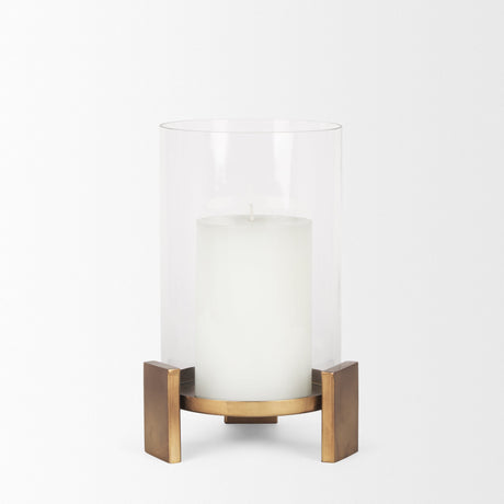 Price Small Antiqued Gold Metal w/ Glass Hurricane Candle Holder by Mercana at Eve Furniture