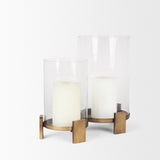 Price Small Antiqued Gold Metal w/ Glass Hurricane Candle Holder by Mercana at Eve Furniture