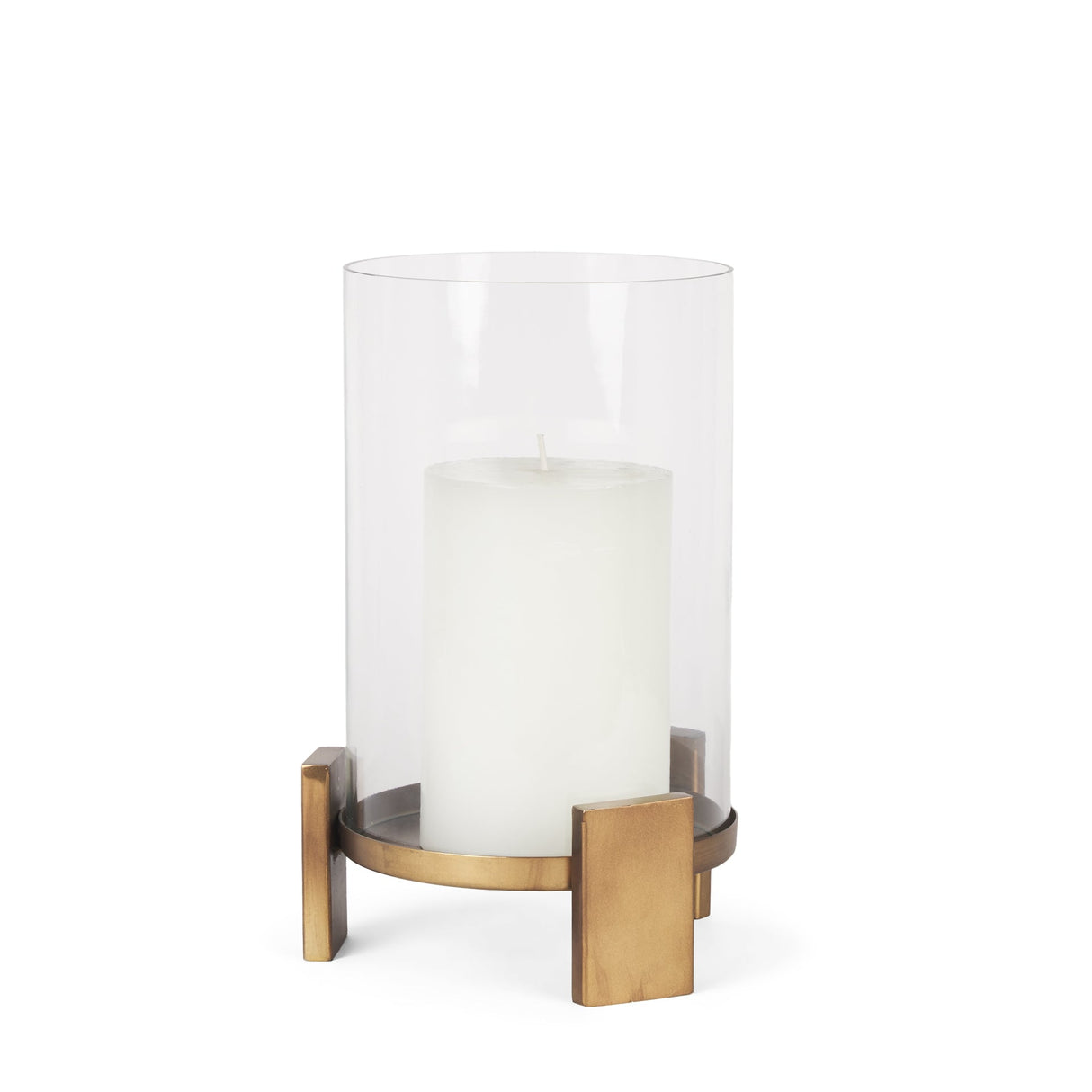 Price Small Antiqued Gold Metal w/ Glass Hurricane Candle Holder by Mercana at Eve Furniture