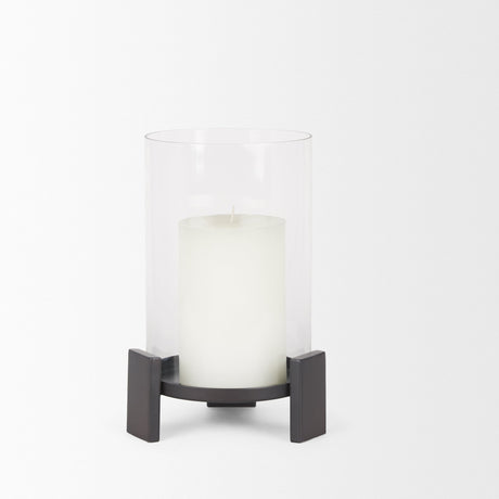 Price Small Matte Black-Brown Metal w/ Glass Hurricane Candle Holder by Mercana at Eve Furniture