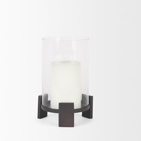 Price Small Matte Black-Brown Metal w/ Glass Hurricane Candle Holder by Mercana at Eve Furniture