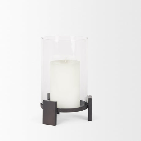Price Small Matte Black-Brown Metal w/ Glass Hurricane Candle Holder by Mercana at Eve Furniture