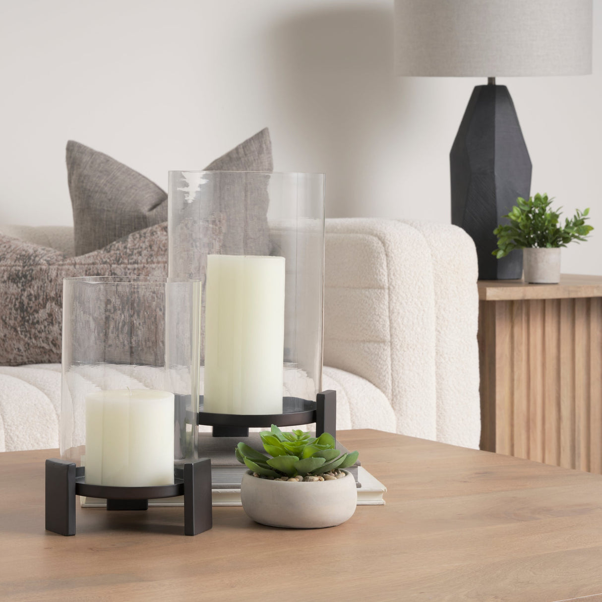 Price Small Matte Black-Brown Metal w/ Glass Hurricane Candle Holder by Mercana at Eve Furniture