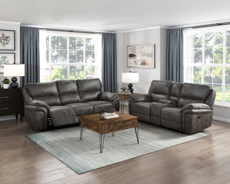 Proctor Gray Microfiber Double Reclining Loveseat with Center Console by Homelegance at Eve Furniture