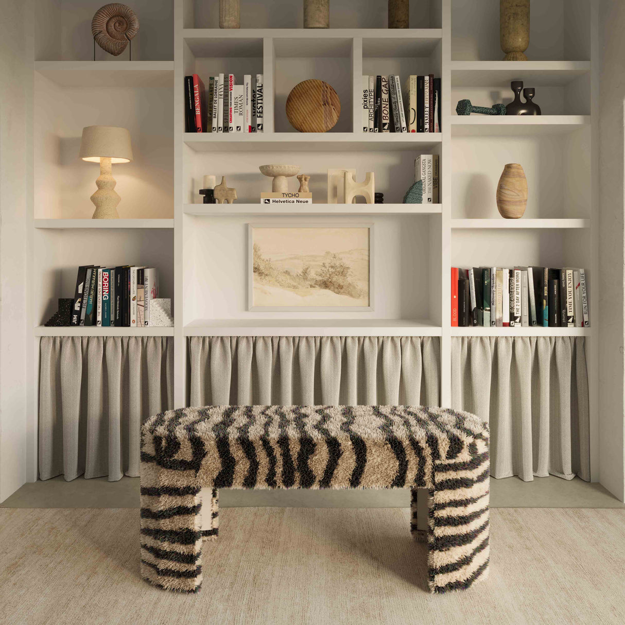 Zebra Brown Striped Tufted Bench by TOV Furniture at Eve Furniture