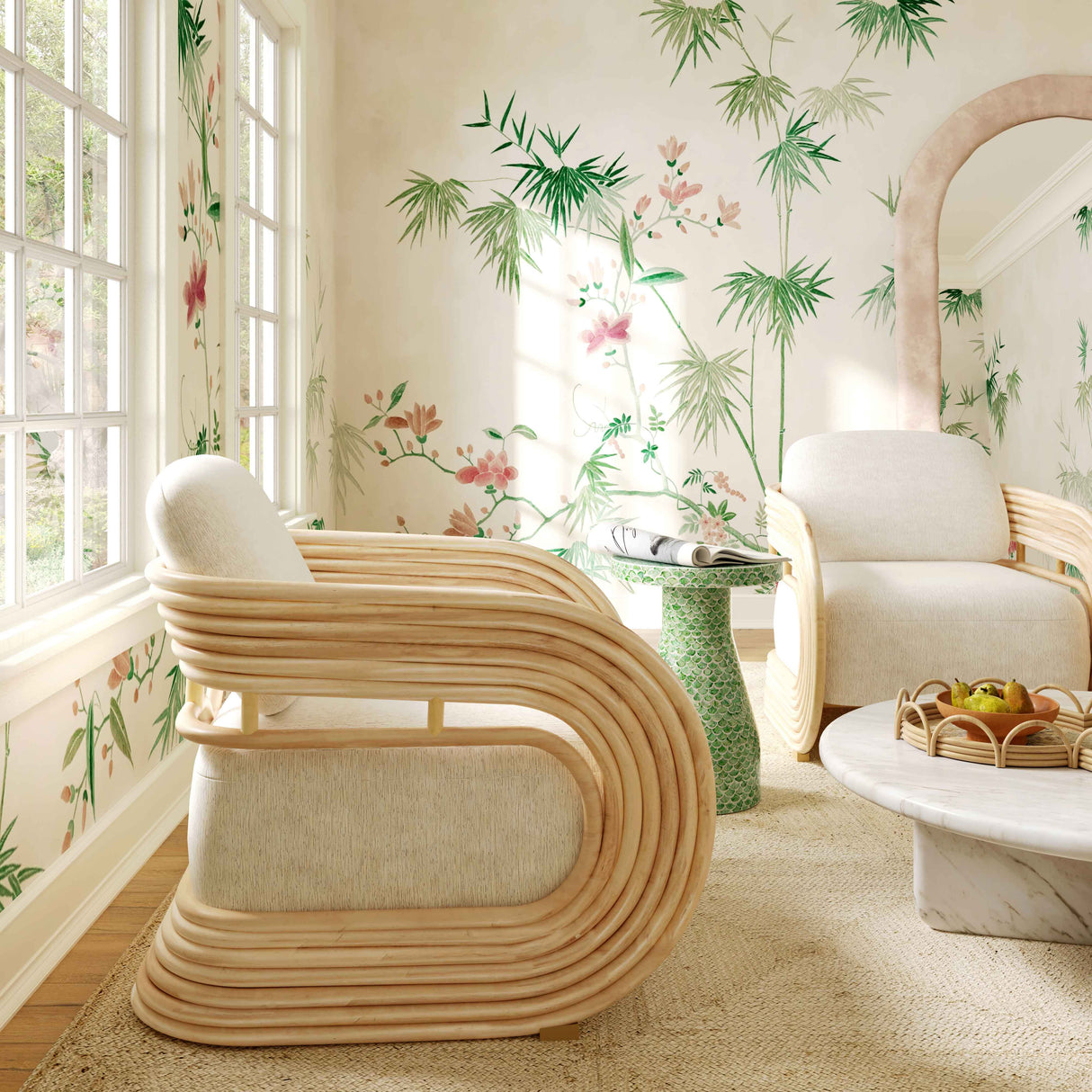 Lauretta Cream Fabric and Natural Rattan Accent Chair by TOV Furniture at Eve Furniture