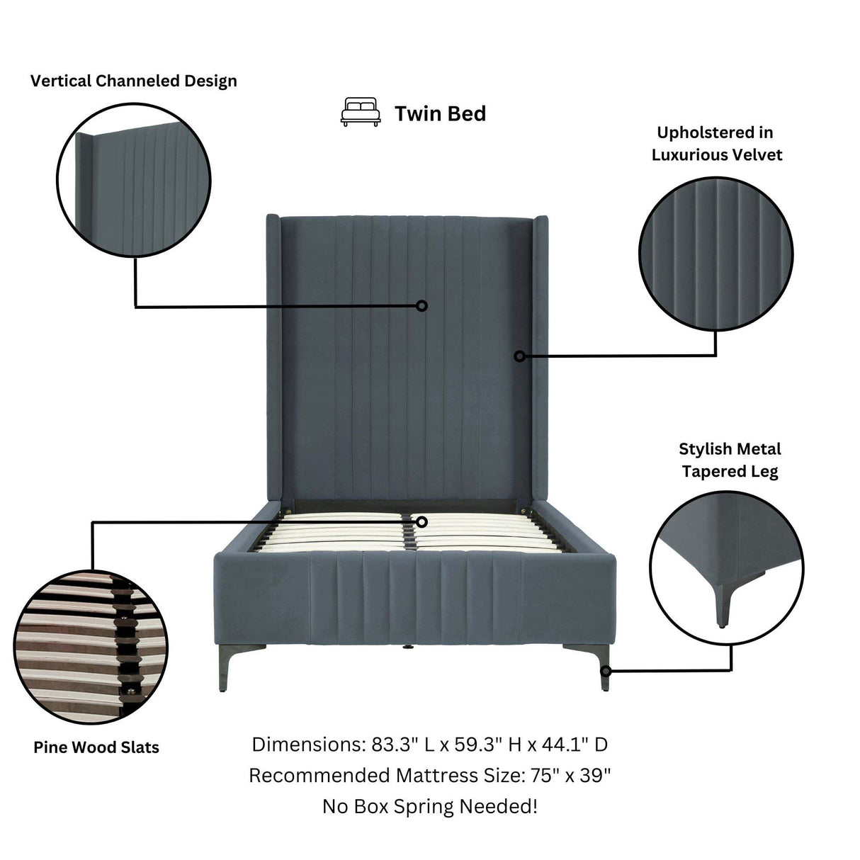 Promenade Twin-Size Bed in Grey by Manhattan Comfort at Eve Furniture