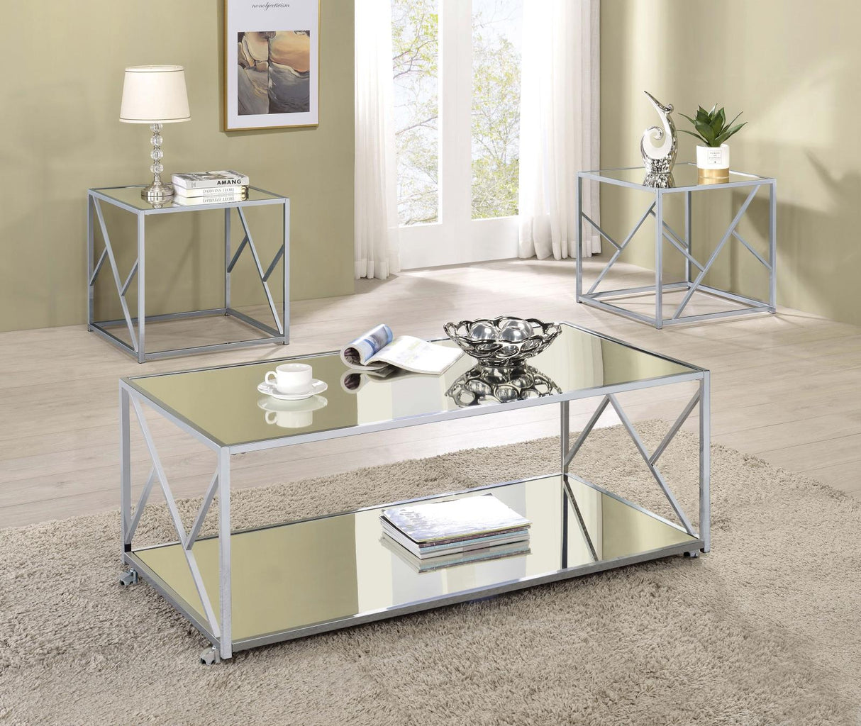 Provins 3-Piece Occasional Table Set Clear Mirror/Chrome