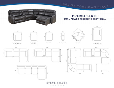 Provo Gray 6-Piece Right Arm Facing (RAF) Chaise Dual Power Reclining Sectional by Steve Silver at Eve Furniture