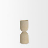Qamra Short Beige Textured Metal Pillar Candle Holder by Mercana at Eve Furniture