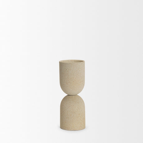 Qamra Short Beige Textured Metal Pillar Candle Holder by Mercana at Eve Furniture