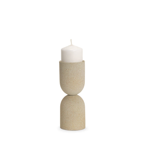 Qamra Short Beige Textured Metal Pillar Candle Holder by Mercana at Eve Furniture