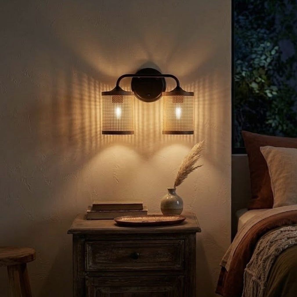Quell 2-Light Rattan Wall Sconce with Black Metal Finish by Ashcroft Furniture at Eve Furniture