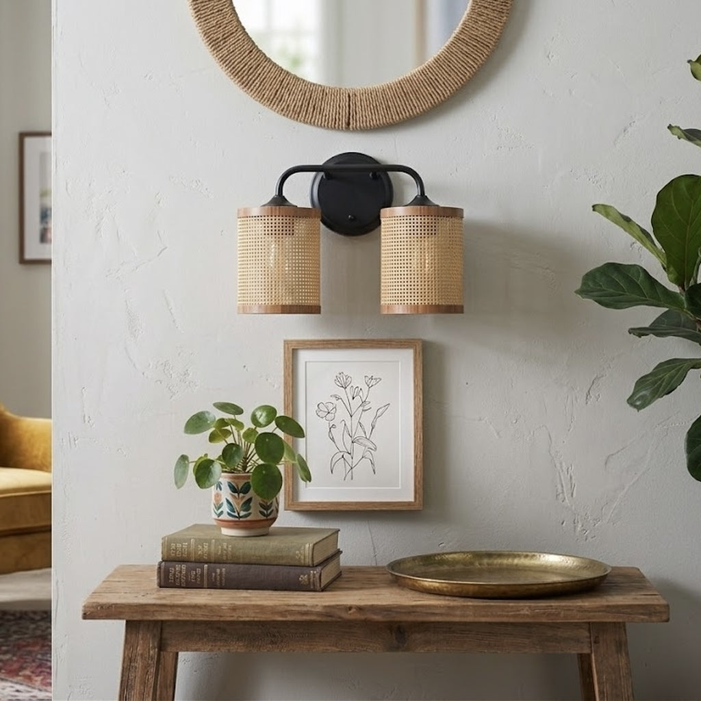 Quell 2-Light Rattan Wall Sconce with Black Metal Finish by Ashcroft Furniture at Eve Furniture