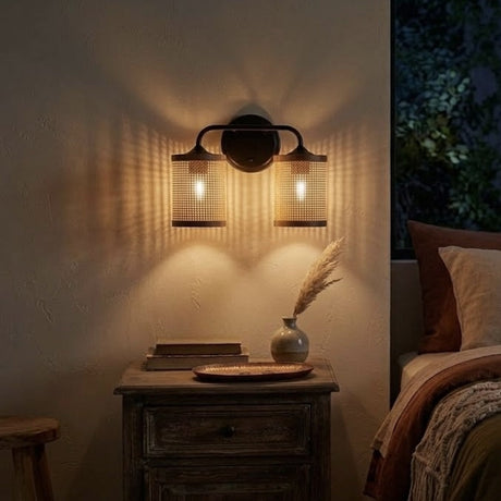 Quell 2-Light Rattan Wall Sconce with Black Metal Finish by Ashcroft Furniture at Eve Furniture