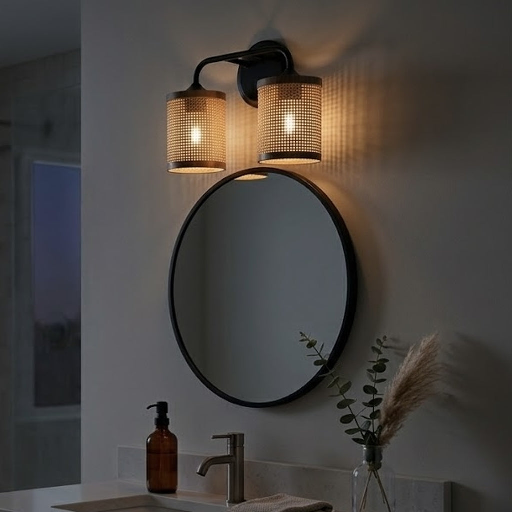 Quell 2-Light Rattan Wall Sconce with Black Metal Finish by Ashcroft Furniture at Eve Furniture