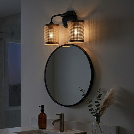 Quell 2-Light Rattan Wall Sconce with Black Metal Finish by Ashcroft Furniture at Eve Furniture