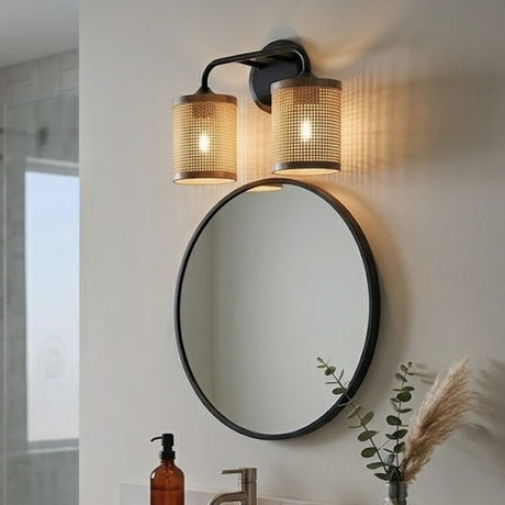 Quell 2-Light Rattan Wall Sconce with Black Metal Finish by Ashcroft Furniture at Eve Furniture