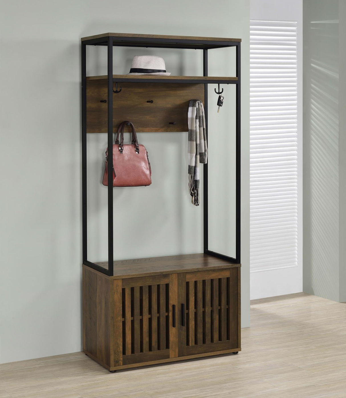 Quincy Dark Pine and Black 2-door Engineered Wood Hall Tree by Coaster at Eve Furniture