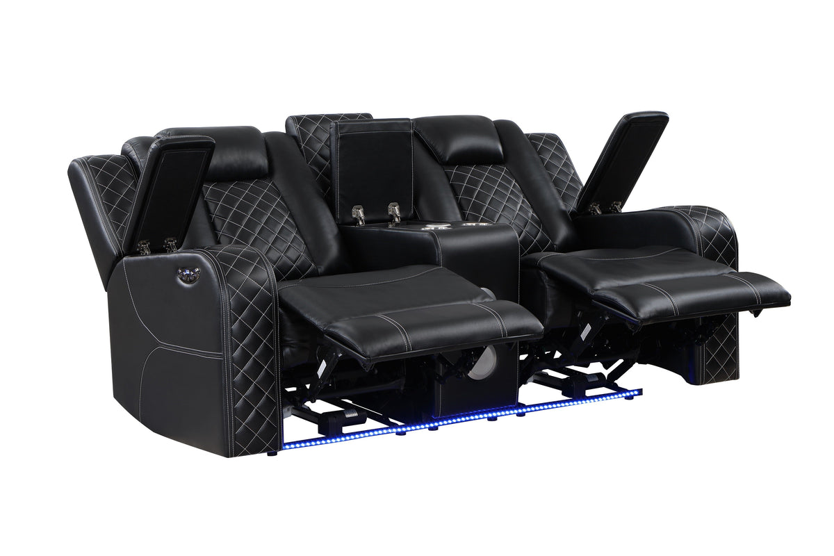 Radiant Black Power Double Reclining Loveseat, Power Headrests, Led Light and Speakers by Homelegance at Eve Furniture