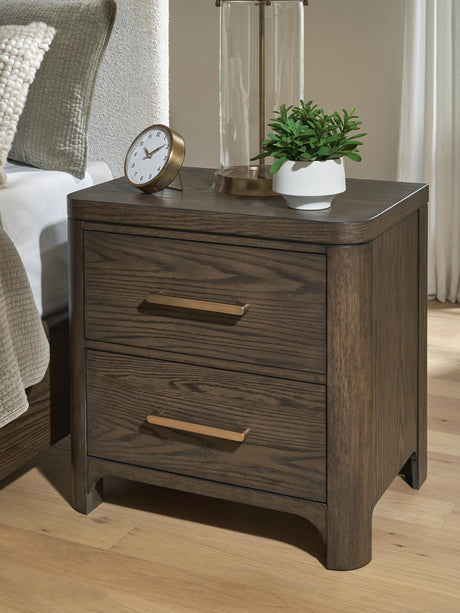 Radkin Burnished Brown Uphostered Panel Bedroom Set by Ashley at Eve Furniture
