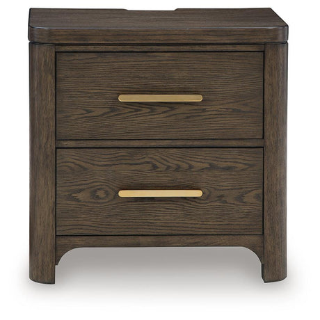 Radkin Burnished Brown Uphostered Panel Bedroom Set by Ashley at Eve Furniture