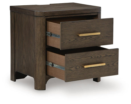 Radkin Burnished Brown Uphostered Panel Bedroom Set by Ashley at Eve Furniture