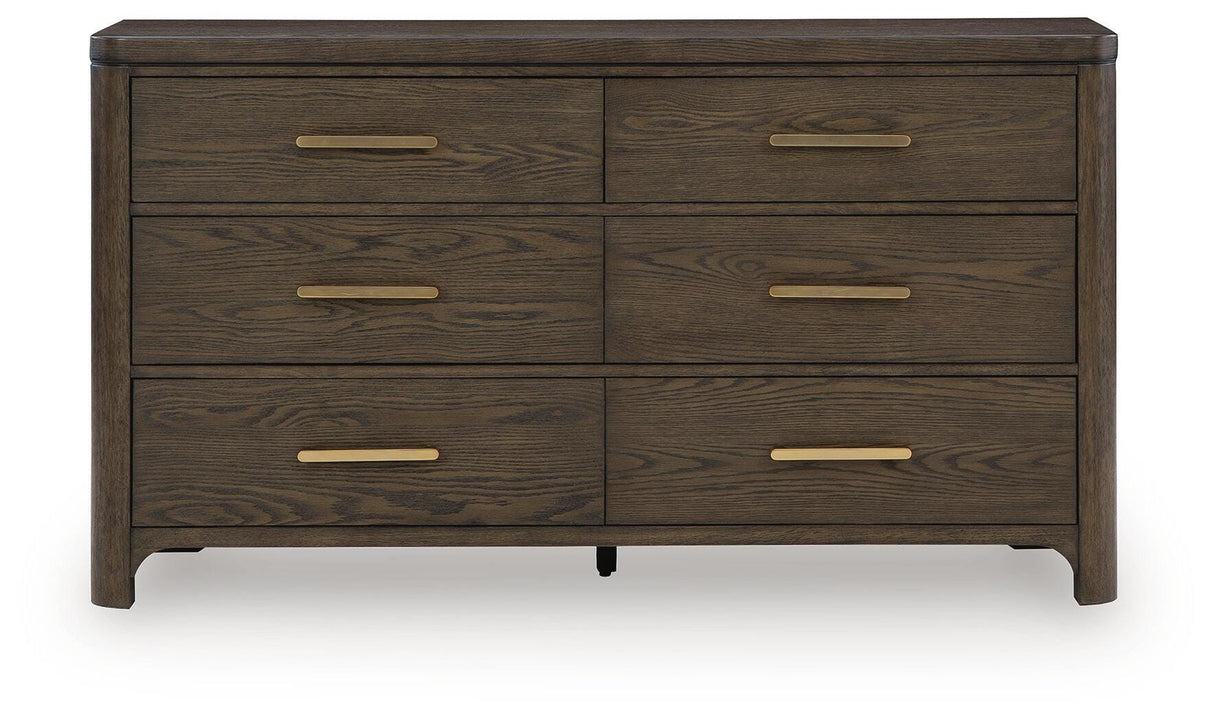 Radkin Burnished Brown Uphostered Panel Bedroom Set by Ashley at Eve Furniture