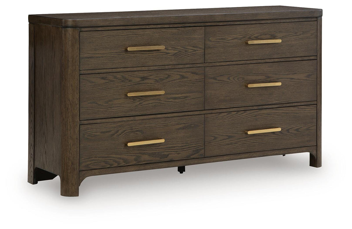 Radkin Burnished Brown Uphostered Panel Bedroom Set by Ashley at Eve Furniture