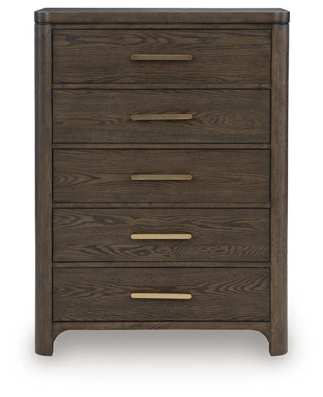 Radkin Burnished Brown Uphostered Panel Bedroom Set by Ashley at Eve Furniture