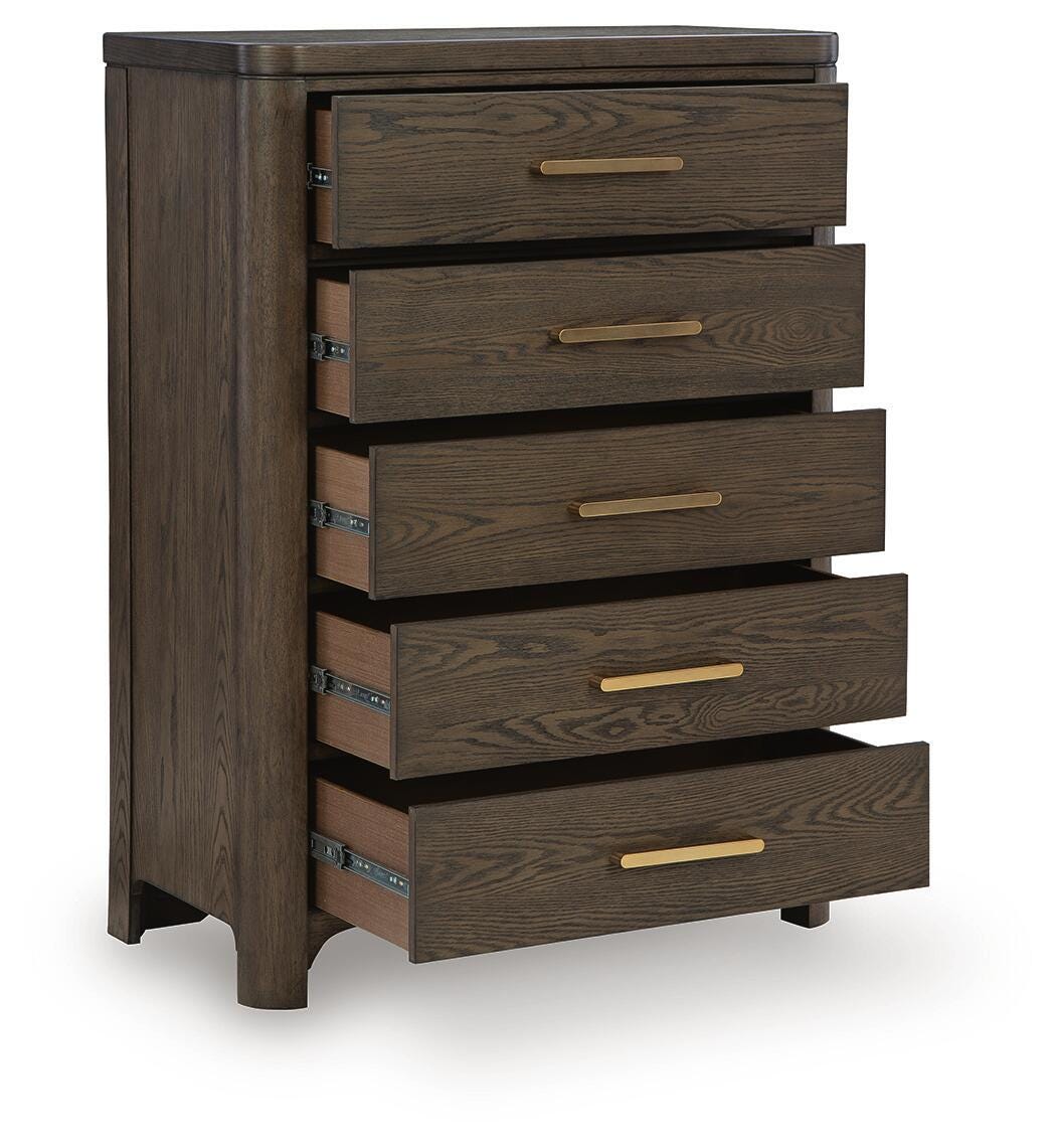 Radkin Burnished Brown Uphostered Panel Bedroom Set by Ashley at Eve Furniture