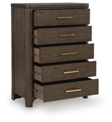 Radkin Burnished Brown Uphostered Panel Bedroom Set by Ashley at Eve Furniture