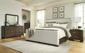 Radkin Burnished Brown Uphostered Panel Bedroom Set by Ashley at Eve Furniture