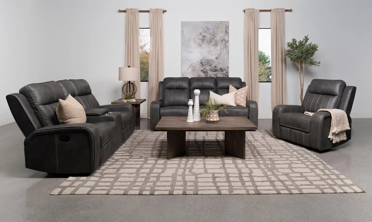 Raelynn Grey 3-Piece Upholstered Motion Reclining Sofa Set by Coaster at Eve Furniture