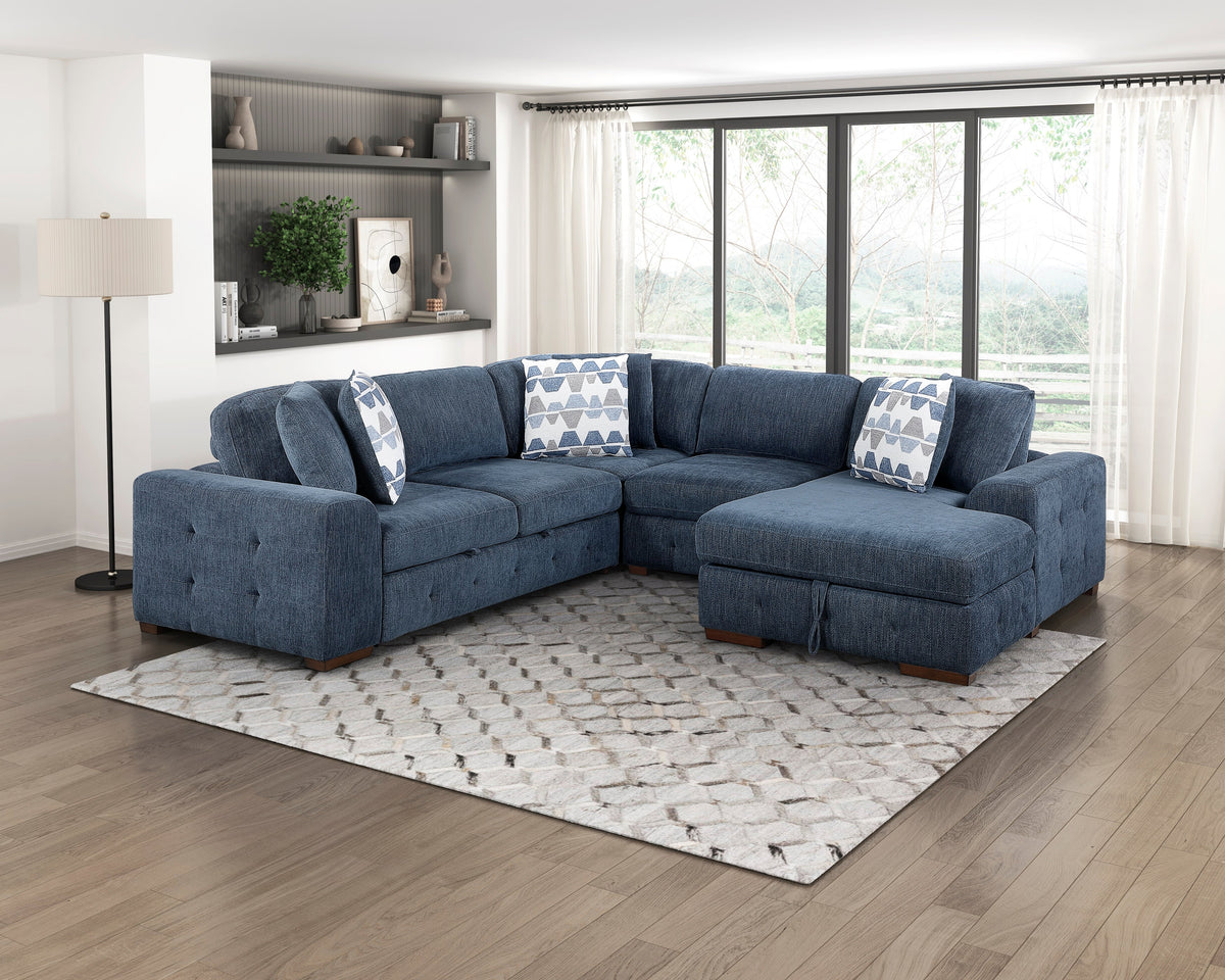 Raife Blue 4-Piece Sectional with Right Chaise and Pull-out Bed by Homelegance at Eve Furniture