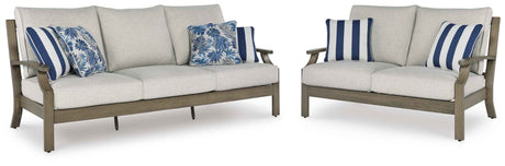 Rainier Ranch Brown/Beige Outdoor Sofa and Loveseat by Ashley at Eve Furniture