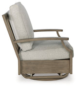 Rainier Ranch Brown/Beige Outdoor Swivel Glider Chair with Cushion by Ashley at Eve Furniture