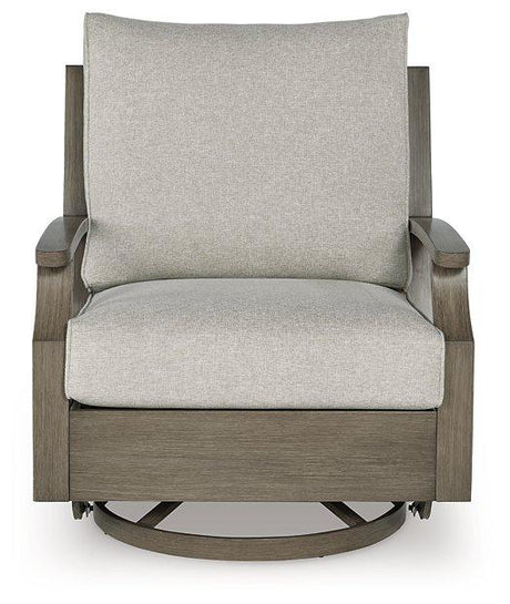 Rainier Ranch Outdoor Swivel Glider Chair with Cushion by Ashley at Eve Furniture