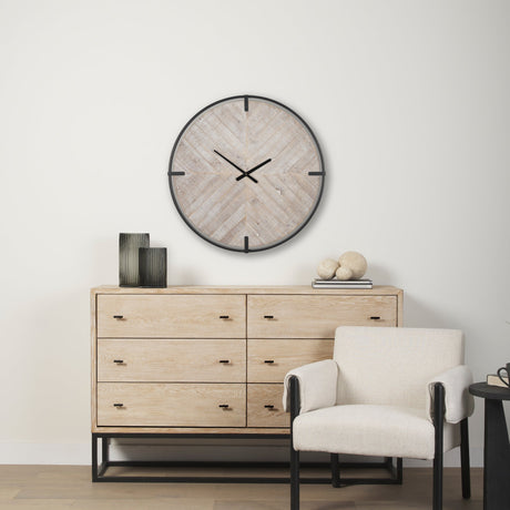 Rani Matte Black Metal w/ Wood Wall Clock by Mercana at Eve Furniture