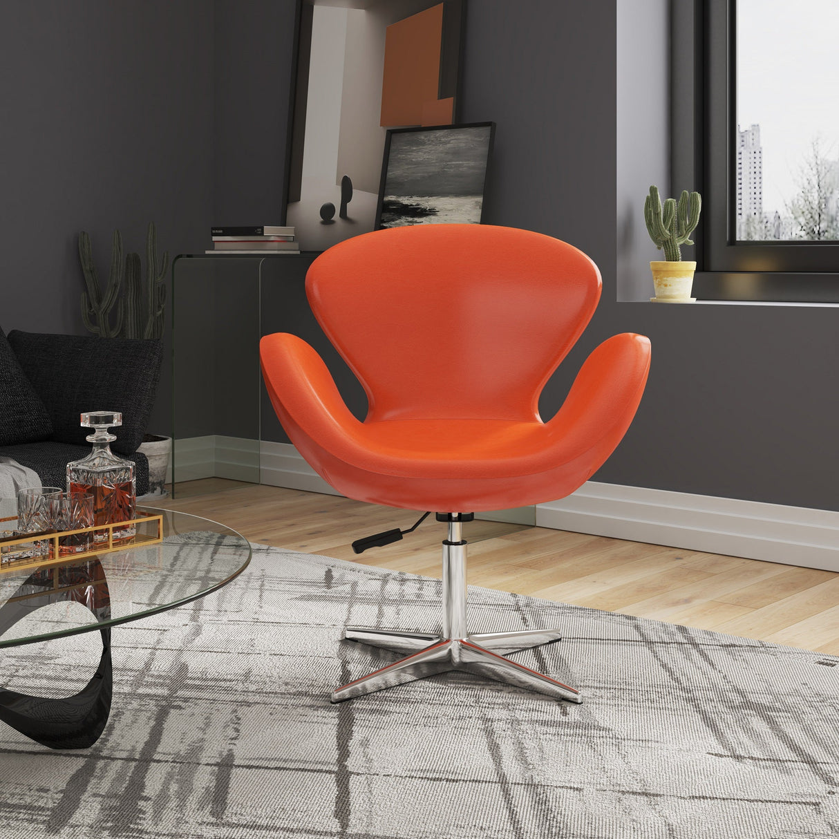 Raspberry Faux Leather Adjustable Swivel Chair in Tangerine and Polished Chrome by Manhattan Comfort at Eve Furniture